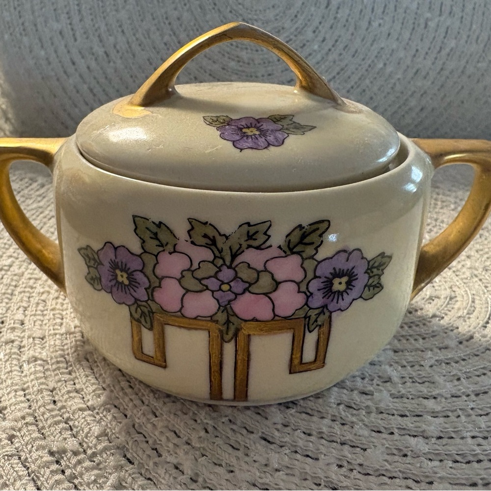 Vintage Hand Painted Floral Gold Rimmed Covered Sugar Bowl